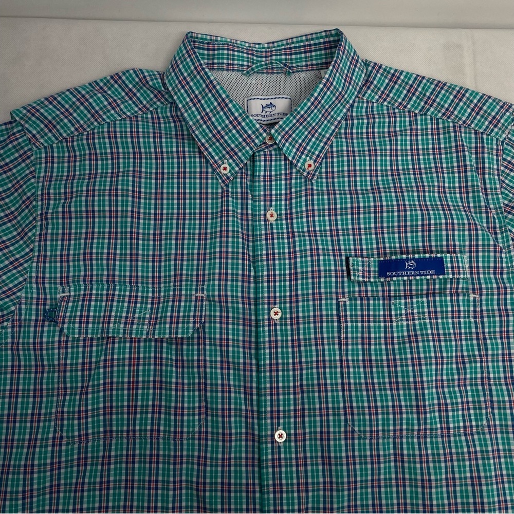 Southern Tide Red Drum Plaid Fishing Shirt Roll Tab Long Sleeve Sz L Atlas Green - Picture 9 of 13